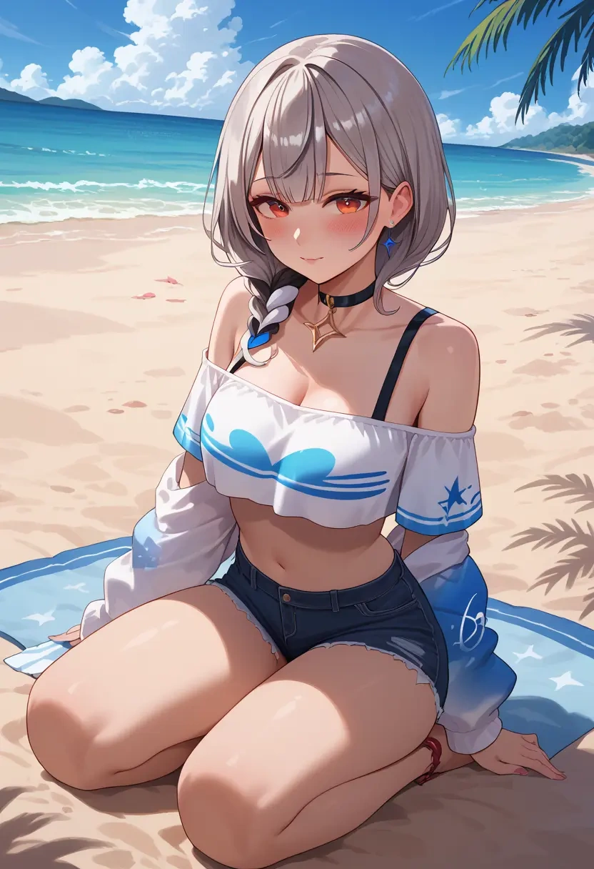 hololive,sakamata_chloe_(1st_costume),off-shoulder top,dolphin shorts  - 