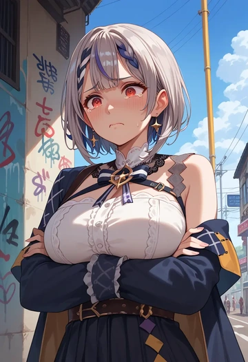 hololive,sakamata_chloe_(1st_costume),patchwork graffiti top,dolphin shorts  - AI generated anime art