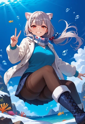 hololive,sakamata_chloe,winter,student uniform,puffer jacket  - AI generated anime art