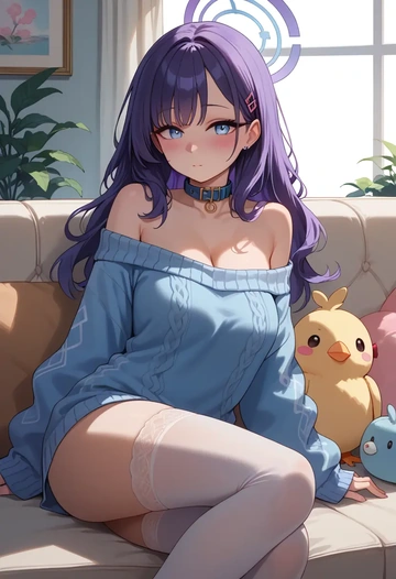 blue_archive,saki_(blue_archive),blushing,collar,off-shoulder,sweater,stockings  - AI generated anime art