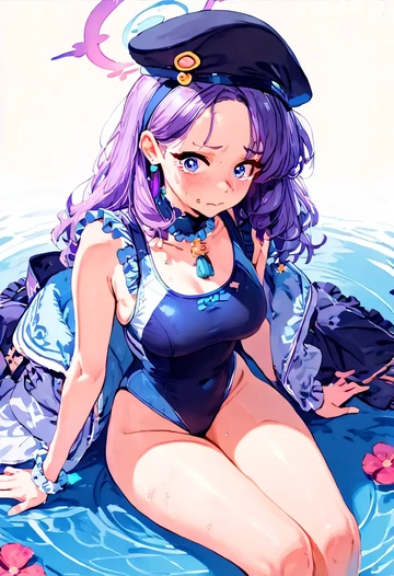 blue_archive,saki_(blue_archive),retro style swimsuit,frilled neckline,bow detail  - AI generated anime art