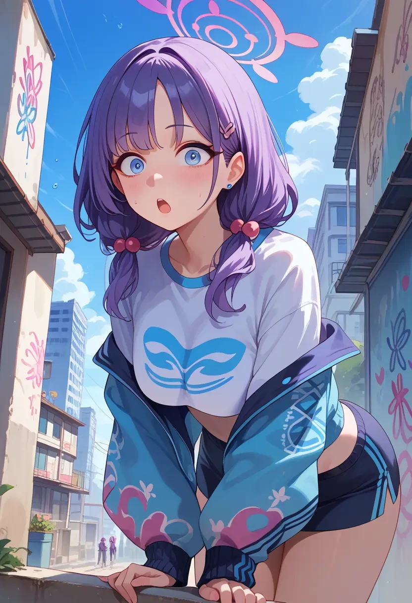 blue_archive,saki_(blue_archive),cropped graffiti sweatshirt,dolphin shorts  - 