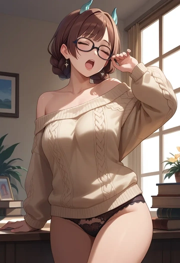 idolmaster,sakuma_mayu,sweater,panties,off-shoulder,glasses,sexy  - AI generated anime art