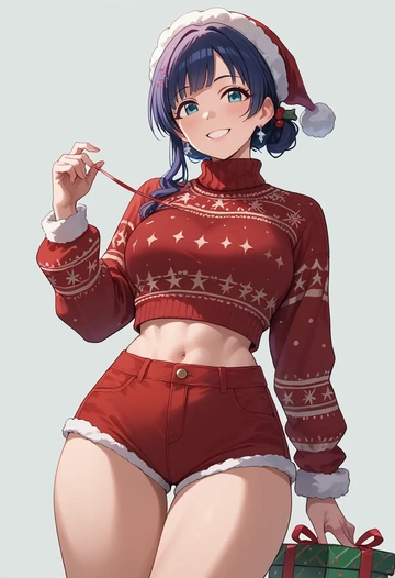 idolmaster,sakuma_mayu,Christmas,red velvet shorts,turtleneck sweater  - AI generated anime art