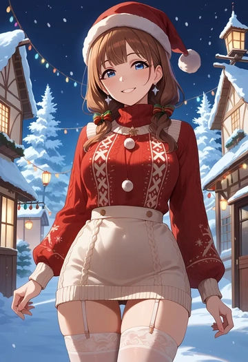 idolmaster,sakuma_mayu,sweater,stockings,Thigh garters  - AI generated anime art