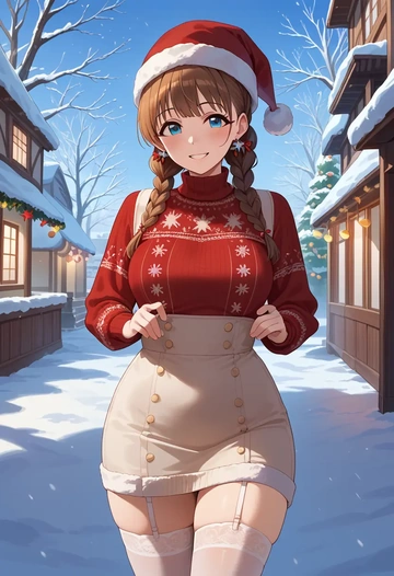 idolmaster,sakuma_mayu,sweater,stockings,Thigh garters  - AI generated anime art