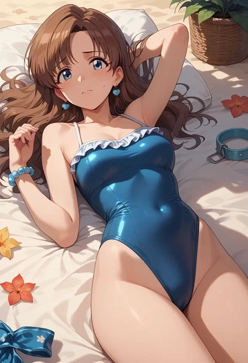 idolmaster,sakuma_mayu,retro style swimsuit,frilled neckline,bow detail  - AI generated anime art