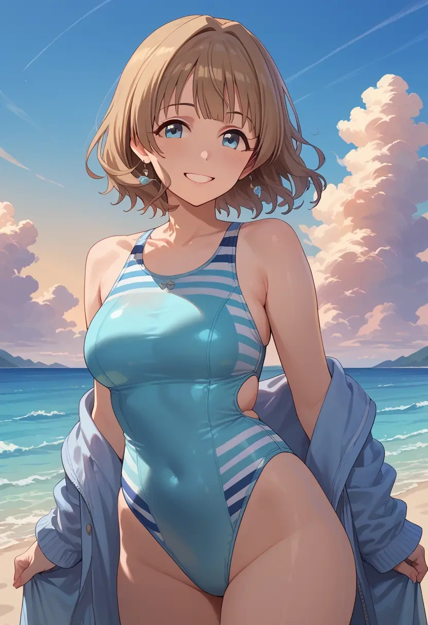 idolmaster,sakuma_mayu,racerback swimsuit,striped trim,name tag patch  - 