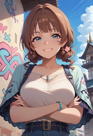 idolmaster,sakuma_mayu,patchwork graffiti top,dolphin shorts  - AI generated anime art