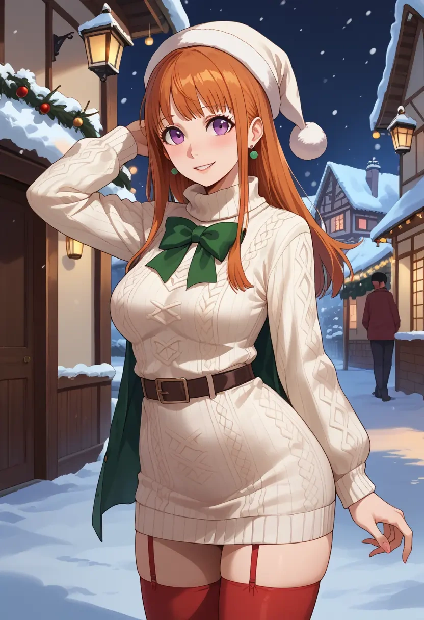 persona,sakura_futaba,Christmas,sweater dress,stockings  - 