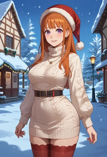 persona,sakura_futaba,Christmas,sweater dress,stockings  - AI generated anime art