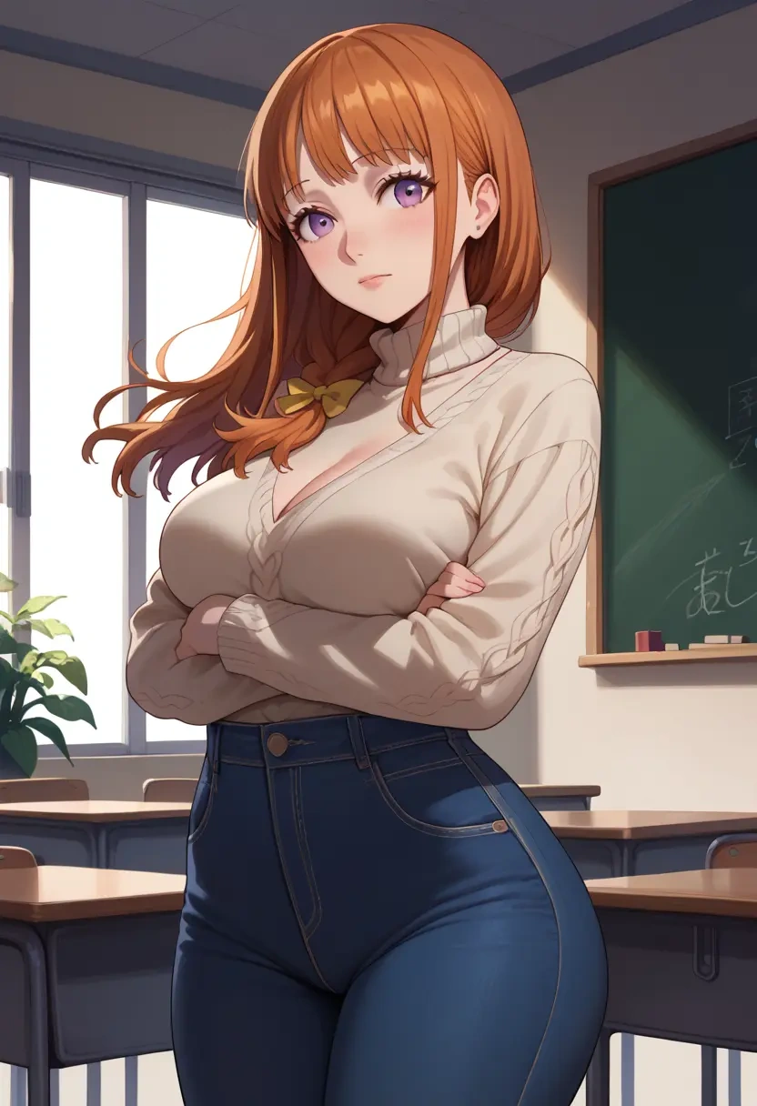 persona,sakura_futaba,teacher, sweater, jeans shorts  - 