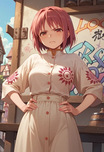 mahou_shoujo_madoka_magica,sakura_kyoko,oversized graffiti shirt,dolphin shorts  - AI generated anime art