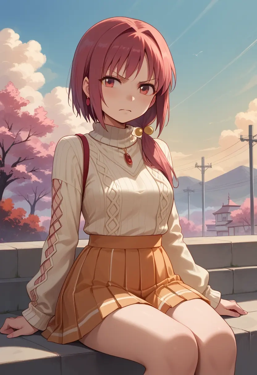 mahou_shoujo_madoka_magica,sakura_kyoko,sweater,cropped,pleated midi skirt  - 