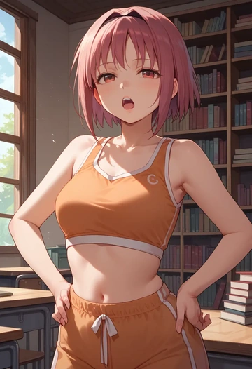 mahou_shoujo_madoka_magica,sakura_kyoko,tankini top,board shorts  - AI generated anime art