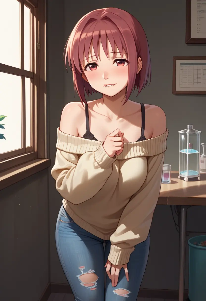 mahou_shoujo_madoka_magica,sakura_kyoko,sweater,off-shoulder,ripped jeans  - 