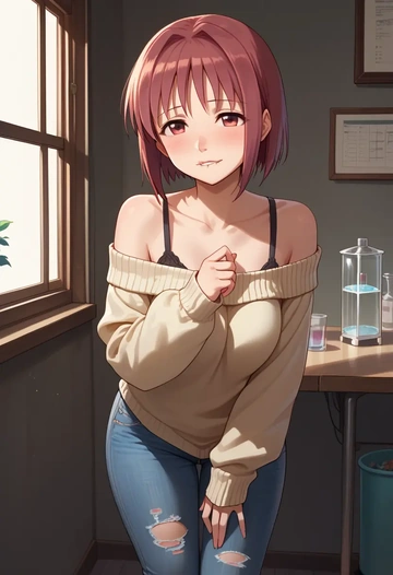 mahou_shoujo_madoka_magica,sakura_kyoko,sweater,off-shoulder,ripped jeans  - AI generated anime art