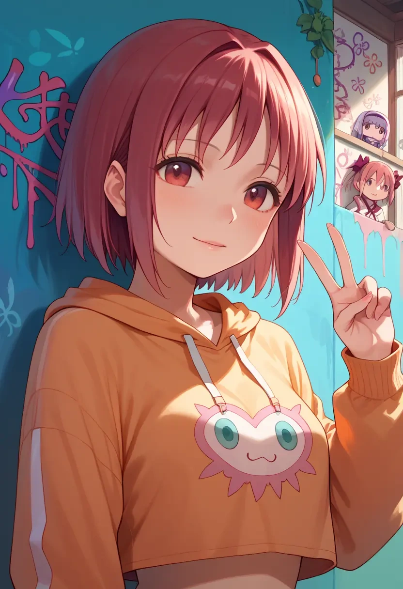 mahou_shoujo_madoka_magica,sakura_kyoko,cropped graffiti sweatshirt,dolphin shorts  - 