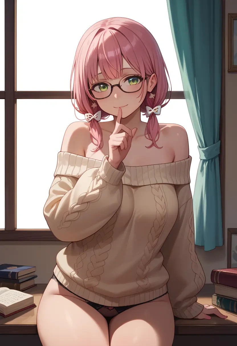 hololive,sakura_miko_(1st_costume),off-shoulder,panties,glasses,sweater  - 