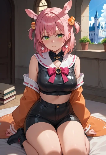 hololive,sakura_miko_(1st_costume),leather,shorts,crop top  - AI generated anime art