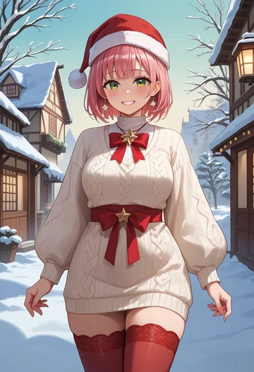 hololive,sakura_miko_(1st_costume),Christmas,sweater dress,stockings  - AI generated anime art