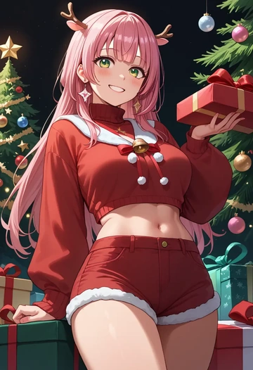 hololive,sakura_miko_(1st_costume),Christmas,red velvet shorts,turtleneck sweater  - AI generated anime art