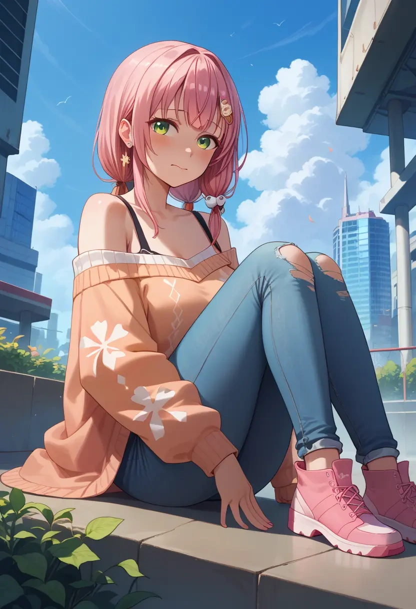 hololive,sakura_miko,sweater,off-shoulder,ripped jeans  - 