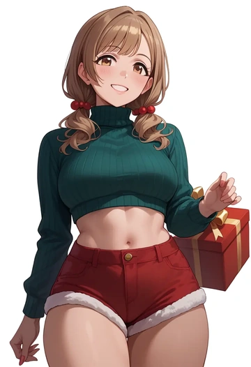 idolmaster,sakuragi_mano,Christmas,red velvet shorts,turtleneck sweater  - AI generated anime art