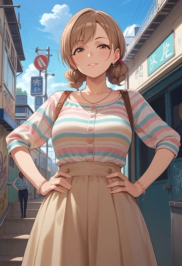 idolmaster,sakuragi_mano,striped graffiti blouse,dolphin shorts  - AI generated anime art