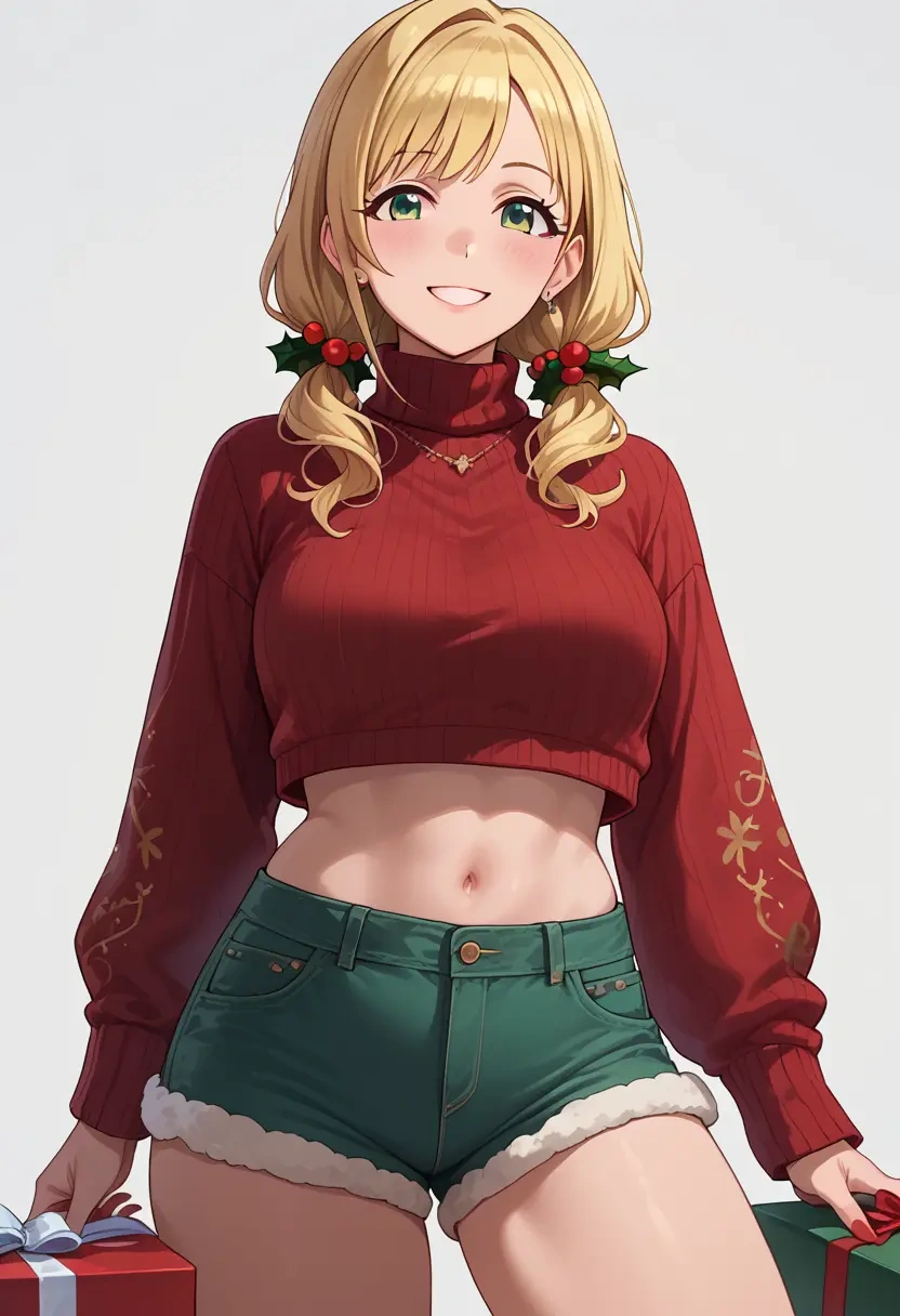 idolmaster,sakurai_momoka,Christmas,red velvet shorts,turtleneck sweater  - 