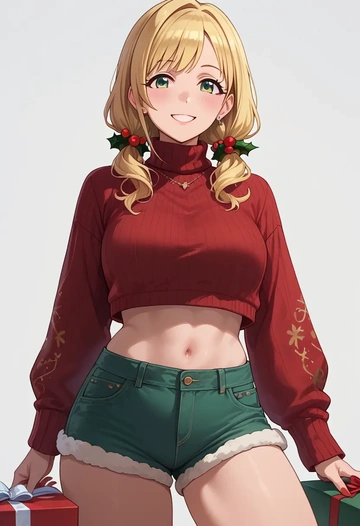 idolmaster,sakurai_momoka,Christmas,red velvet shorts,turtleneck sweater  - AI generated anime art