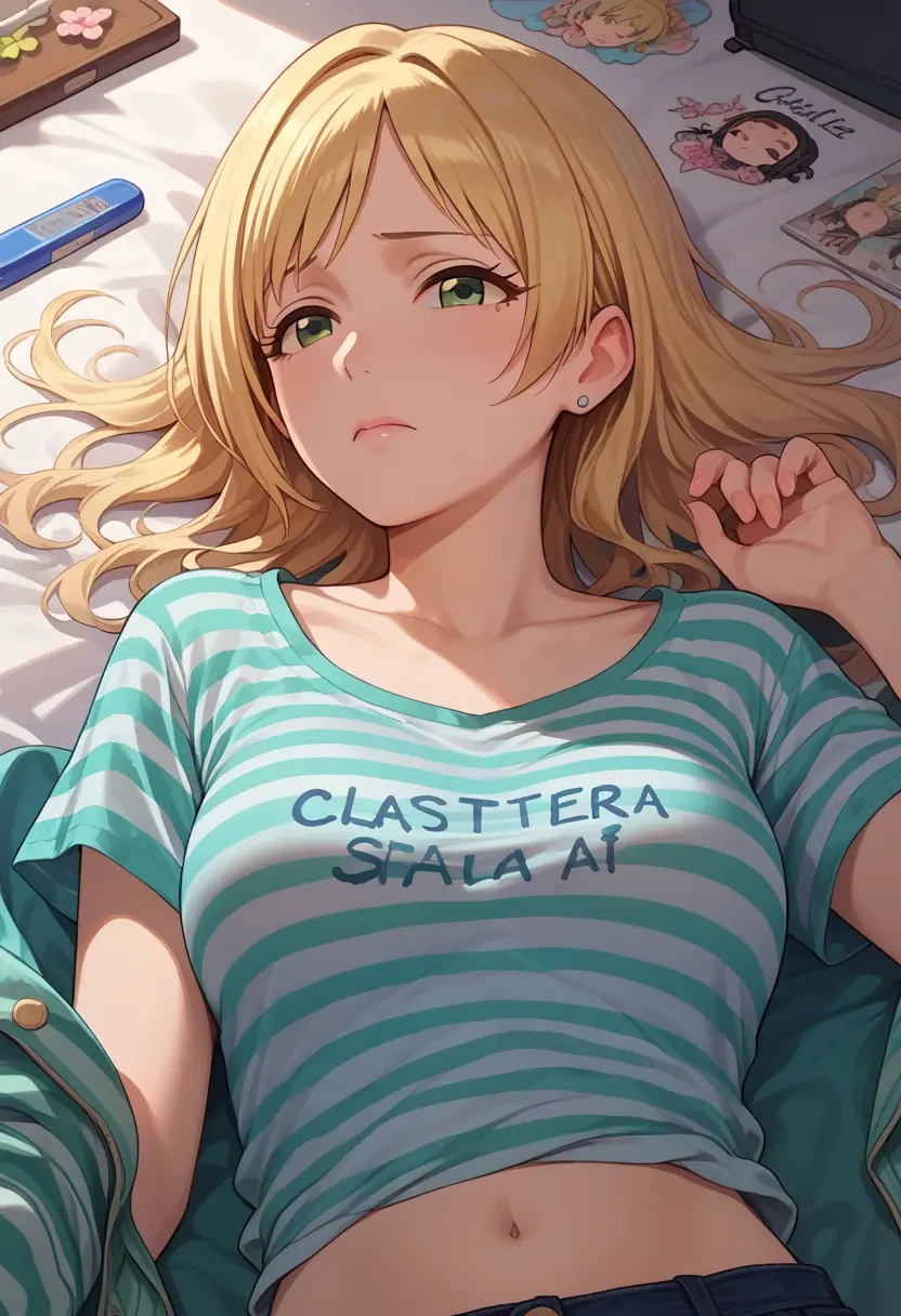 idolmaster,sakurai_momoka,striped graffiti blouse,dolphin shorts  - 