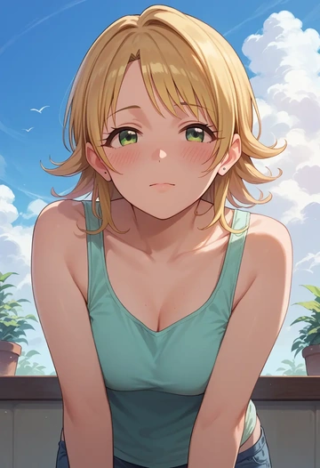 idolmaster,sakurai_momoka,tank top,drawstring pants  - AI generated anime art