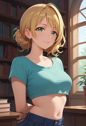 idolmaster,sakurai_momoka,crop top,loose joggers,headset  - AI generated anime art