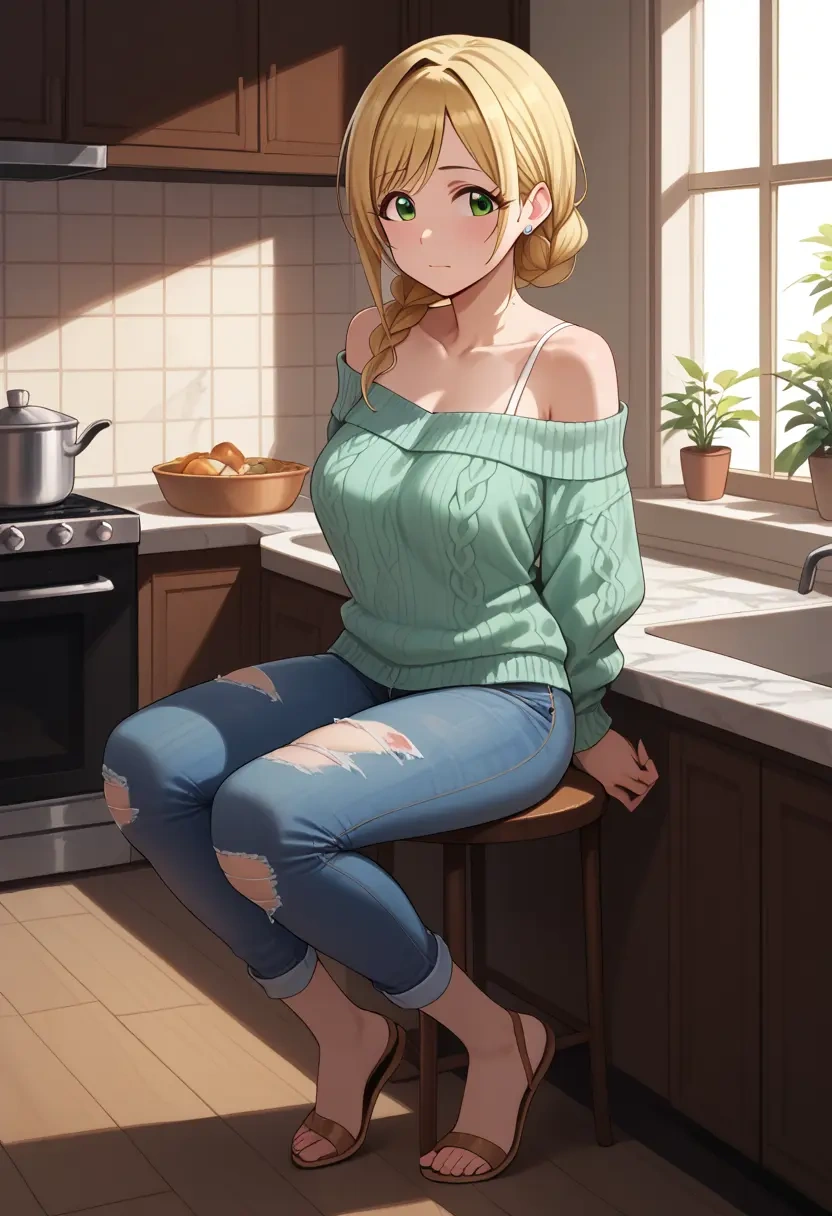 idolmaster,sakurai_momoka,sweater,off-shoulder,ripped jeans  - 