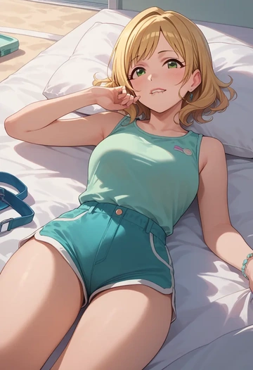 idolmaster,sakurai_momoka,sleeveless swim top,shorts-style bottom,contrast stitching  - AI generated anime art