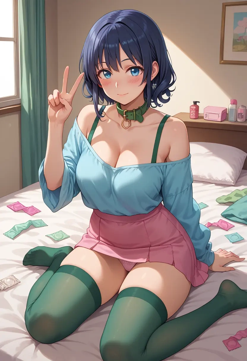 seishun_buta_yarou,sakurajima_mai,blushing,collar, peace sign, condom,mini skirt,Thigh garters  - 