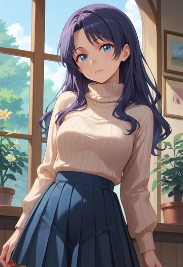 seishun_buta_yarou,sakurajima_mai,skirt,pleated,turtleneck sweater  - AI generated anime art