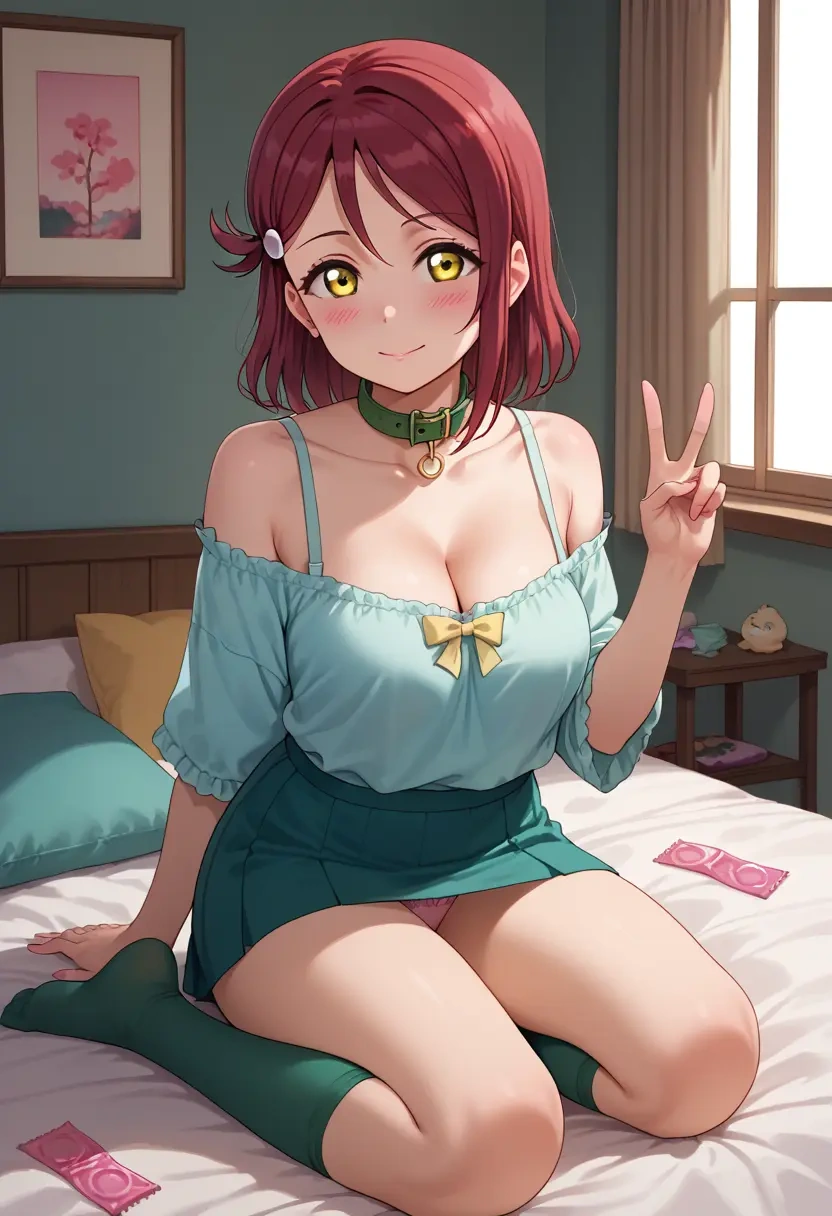 love_live,sakurauchi_riko,blushing,collar, peace sign, condom,mini skirt,Thigh garters  - 