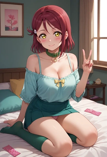 love_live,sakurauchi_riko,blushing,collar, peace sign, condom,mini skirt,Thigh garters  - AI generated anime art