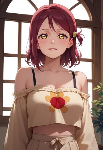 love_live,sakurauchi_riko,off-shoulder top,dolphin shorts  - AI generated anime art