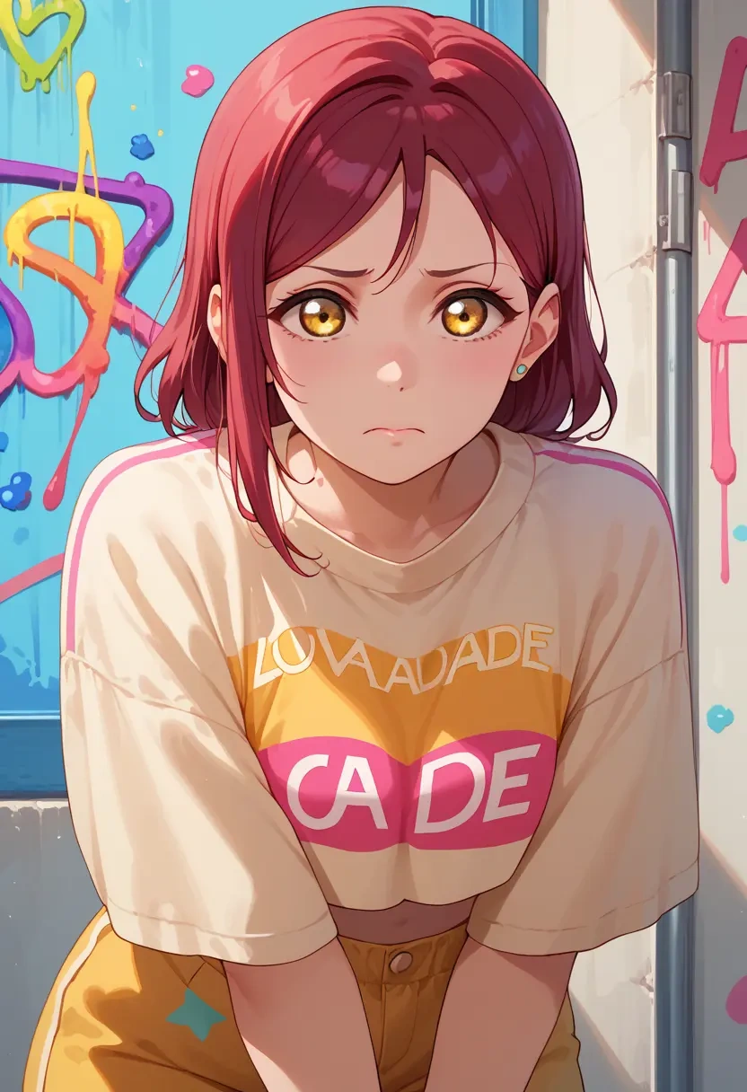 love_live,sakurauchi_riko,cropped graffiti sweatshirt,dolphin shorts  - 