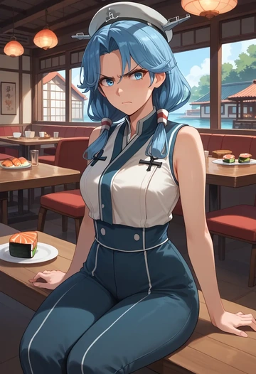 kantai_collection,samidare_(kancolle),jumpsuit,sleeveless,flare pants  - AI generated anime art