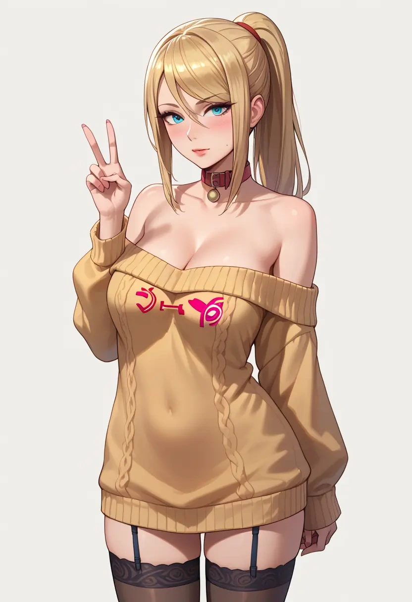 metroid,samus_aran,blushing,collar,off-shoulder,sweater,stockings  - 