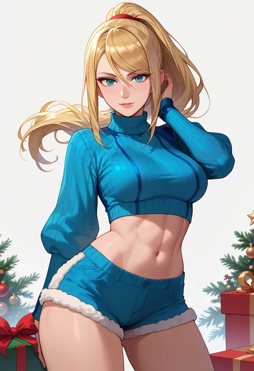 metroid,samus_aran,Christmas,red velvet shorts,turtleneck sweater  - 