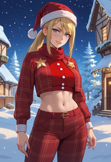 metroid,samus_aran,Christmas,plaid trousers  - AI generated anime art