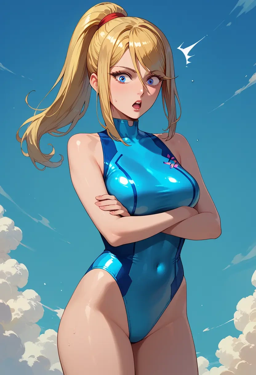 metroid,samus_aran,retro style swimsuit,frilled neckline,bow detail  - 