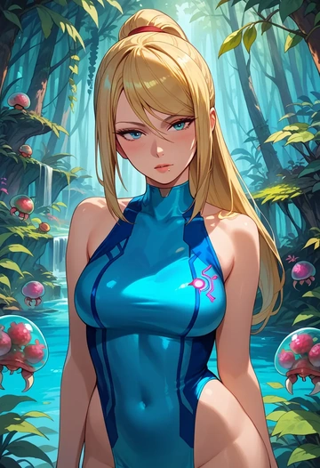 metroid,samus_aran,graphic tee,dolphin shorts  - AI generated anime art