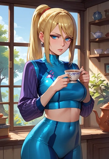 metroid,samus_aran,long-sleeve striped tee,pleated skirt,fishnet stockings  - AI generated anime art