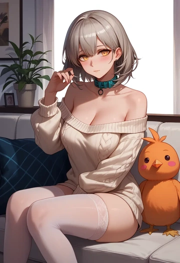 arknights,saria_(arknights),blushing,collar,off-shoulder,sweater,stockings  - AI generated anime art